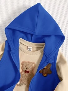 SHEIN 3pcs Baby Boys Autumn/Winter Outfit: Cute Bear Graphic Fuzzy Zip-Up Hooded Jacket, Loose Casual Sweatpants, Solid Color All-Match Crew Neck Pullover Sweatshirt. Suitable For Indoor & Outdoor