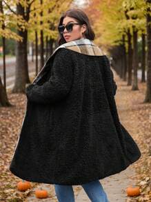 SHEIN LUNE Abrigo de peluche con cuello de chal a cuadros en contraste, talla grande, casual, para otoño/invierno/Día de Acción de Gracias, traje de fiesta, térmico