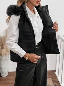 SHEIN LUNE Winter Jacket , Hooded PU Vest With Removable Hood Black Jacket