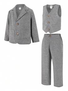 3pcs Young Boys' Leisurely Collegiate Blazer With Lapel, Sleeveless Fitted Vest, And Solid Color Straight Leg Pants Woven Gentleman's Suit, Suitable For Weddings, Christmas Parties, Outings, And Daily Gatherings, Autumn/Winter - Dark Grey - View 9