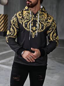 Manfinity LEGND Sudadera con capucha de manga larga de estilo callejero con gráfico de planta y bolsillo tipo canguro con cordón, ideal para salir, regalo para amigos, esposo, novio