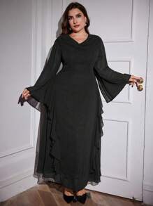 Modelyn Plus Size Women's Draped Neck Long Sleeve Solid Color Seaweed Striped Elegant Party Dress, Elegant A Line Maxi Length Dresses, For Evening Party/Wedding Guest/Anniversary - Black - View 6