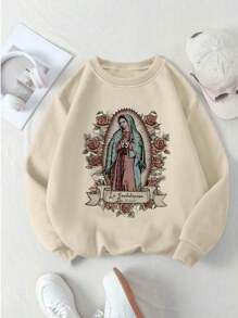 Tween Girls Casual Slogan Virgin Mary Print Round Neck Sweatshirt For Autumn/Winter