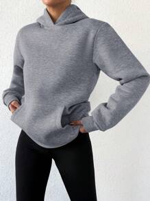 SHEIN Cottnline Women'S Kangaroo Pocket Fleece Lined Hoodie, Keep Warm - Grey - View 4