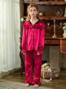 Girls Velvet Solid Color With Lace Trim Long Pants & Long Sleeve Casual Comfortable 2 Pieces Pajama Set