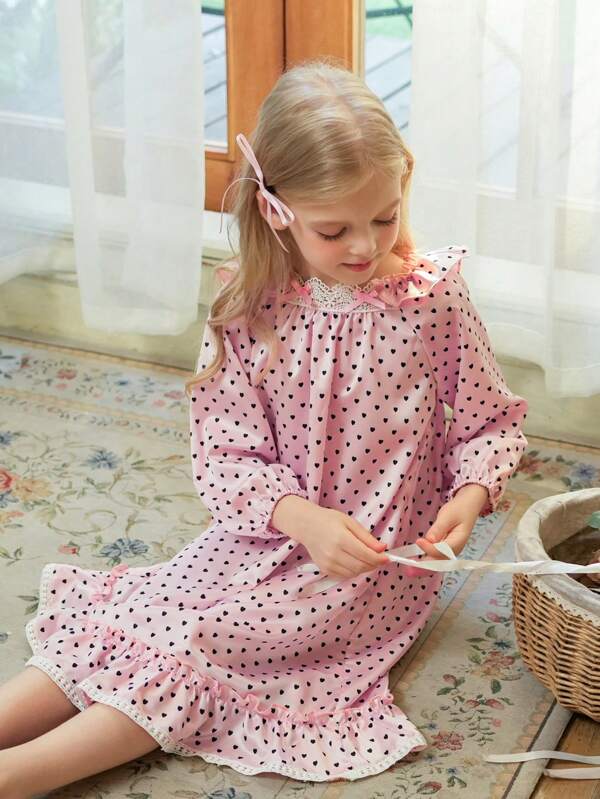 SHEIN Young Girl Soft Long Sleeve Long Nightgown, Elegant And Heart Pattern Design, Comfortable Home Wear