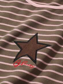 FRIFUL Camiseta casual de ajuste delgado con rayas y bordado de estrellas para mujer, otoño