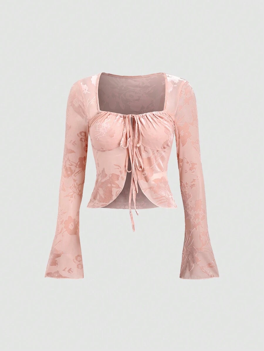 Sweetra New Fuchsia Ombre Flocked Mesh Ruffle Asymmetric Bell Sleeve Elegant Casual Top For Ladies Y2K - Baby Pink - View 1