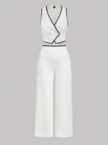 SHEIN MOD Set de 2 piezas de pantalones anchos de pierna ancha y Top sin mangas con cintas de contraste para mujer talla grande - Blanco - Ver 1