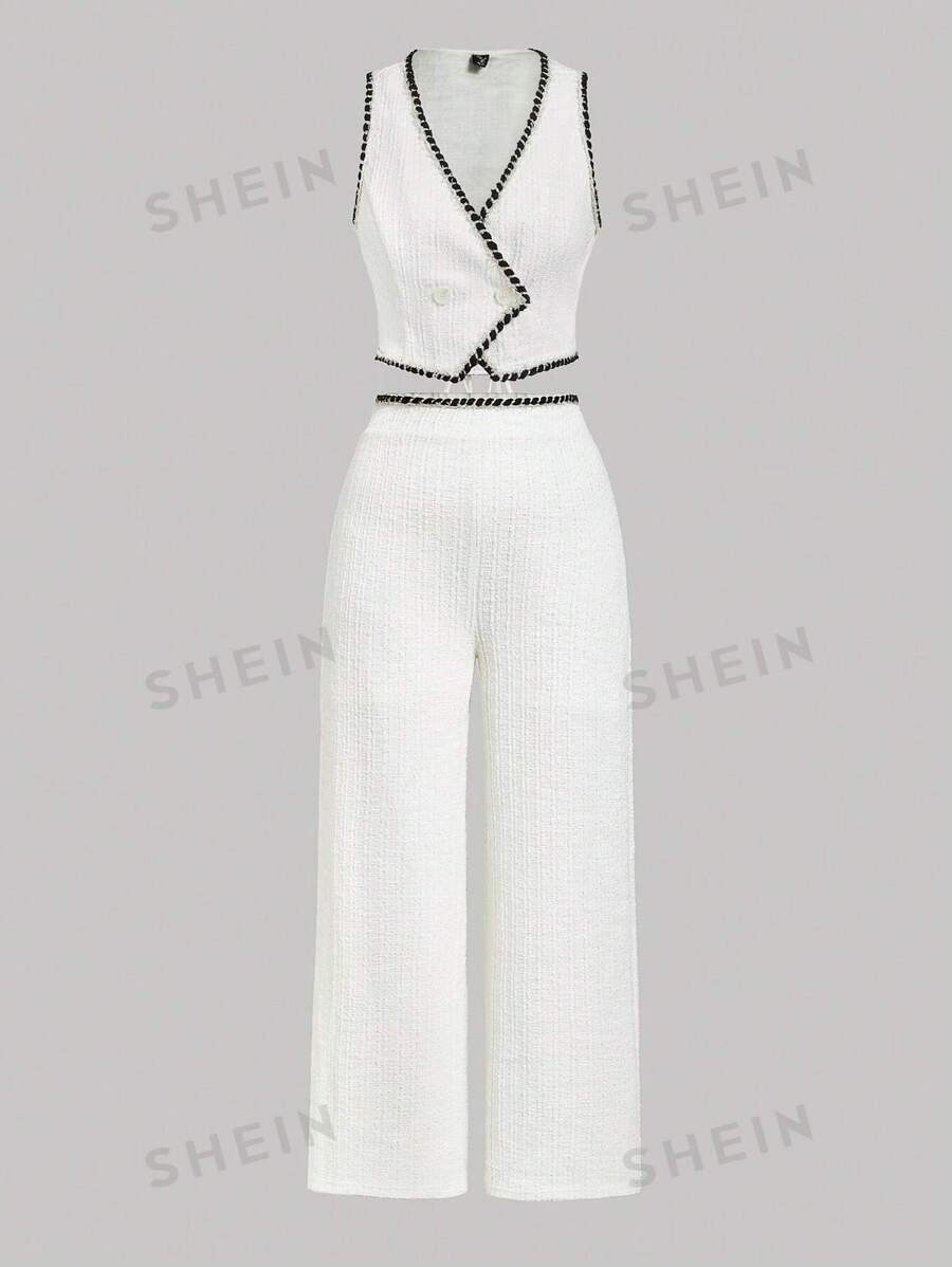 SHEIN MOD Set de 2 piezas de pantalones anchos de pierna ancha y Top sin mangas con cintas de contraste para mujer talla grande - Blanco - Ver 1
