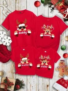 Manfinity Homme 1 件男式常规款圣诞驯鹿和字母印花图案圆领 T 恤搭配家庭装 - 紅色 - 查看 1