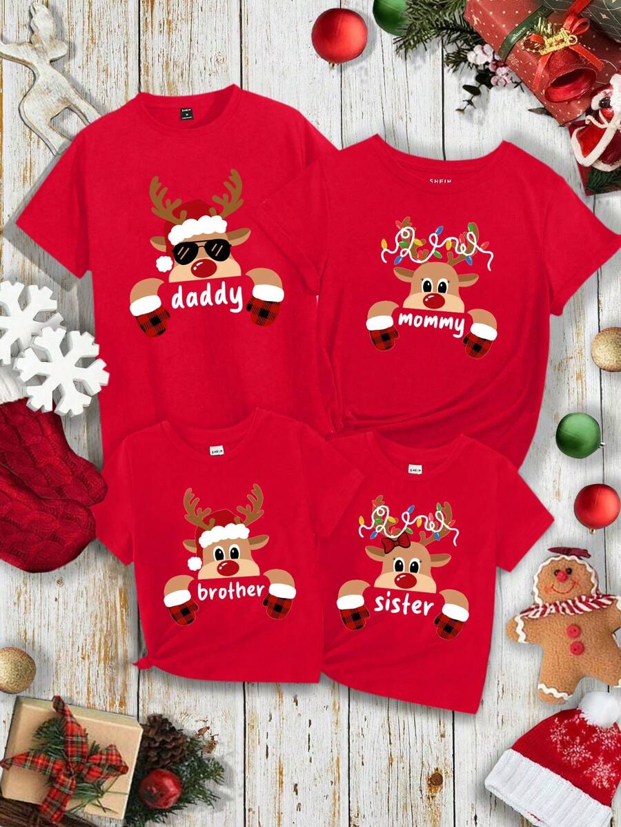 Manfinity Homme 1 件男式常规款圣诞驯鹿和字母印花图案圆领 T 恤搭配家庭装 - 紅色 - 查看 1