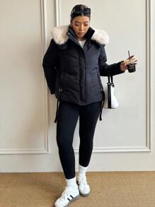 Calvaya 加大码短款设计可拆卸蓬松领加厚棉服外套，长袖，适合冬季衣服 - 黑色 - 查看 7