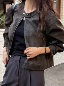 DAZY 休闲摩托车扎染印花女式皮夹克