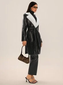 SHEIN SXY F秋冬女式长款外套休闲保暖 PU 毛绒内衬长袖口袋夹克（配腰带）；所有女装；黑色皮夹克；女式长款外套 - 黑色 - 查看 4