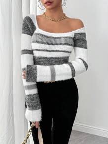 Calvaya Jersey de cuello redondo de estilo minimalista a rayas, para uso diario, con mangas largas