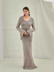 Enchnt Women's Elegant Solid Color 3D Floral Decoration Trumpet Sleeve Maxi Sweater Dress, Christmas Sweater, Party Dress, Thanksgiving Women's Dress, Christmas Dress, Autumn And Winter Women's Dress, Church Dress - Grey - View 3