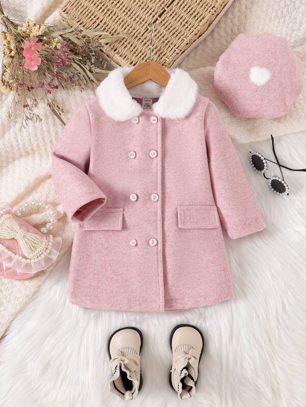 Front Button Long Sleeve Pocket Furry Patchwork Minimalist Jacket For Toddler Girls