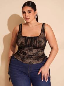 SHEIN BAE Plus Size Wide Strap Tank Top, Bow Decor, Suitable For Women Ladies' Valentine's Day, Summer Holiday Party, Elegant Birthday, Lace, Sexy, Draw String, Ruched Tank Top, Valentine's Day, Carnival, Easter, Beach, Vacation, Back To School Season, Spring/Summer - Black - View 3