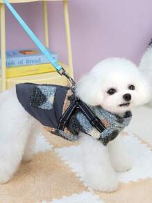 PETSIN 1 件宠物法兰绒拼接灰色和黑色皮带连接保暖棉袄，秋冬季可爱设计 - 灰色 - 查看 5