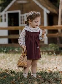 SHEIN 2 pièces Top à manches longues avec col volant fleuri et robe en velours côtelé brodée, tenue pour bébé fille. Automne/Hiver - Marron - Voir 2