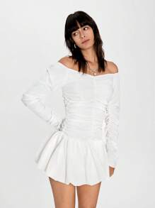 SHEIN EZwear 女士优雅纯色露肩荷叶边下摆修身连衣裙，春夏 - 白色 - 查看 5