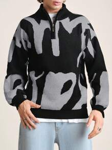 EURMUSE Men Graphic Pattern High Neck Half Zipper Sweater - Dark Grey - View 3