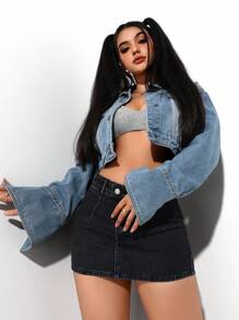 SHEIN PETITE Women Button Decor Bodycon Casual Denim Skirt - Black - View 2