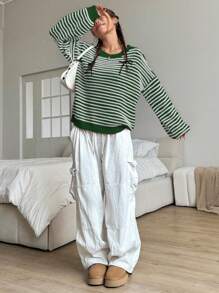 Flirla Striped Print Crew Neck Casual Versatile Long Sleeve Sweater Knit Pullover Fall Winter - Green - View 6
