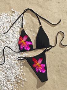 Swim Vcay Conjunto de bikini de 2 piezas para mujer con copas triangulares halter, anillo redondo asimétrico y unicolor, traje de baño de verano - Negro - Ver 5