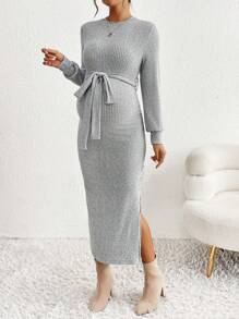 SHEIN Maternity Casual Solid Color Side Slit Bodycon Dress, Autumn/Winter