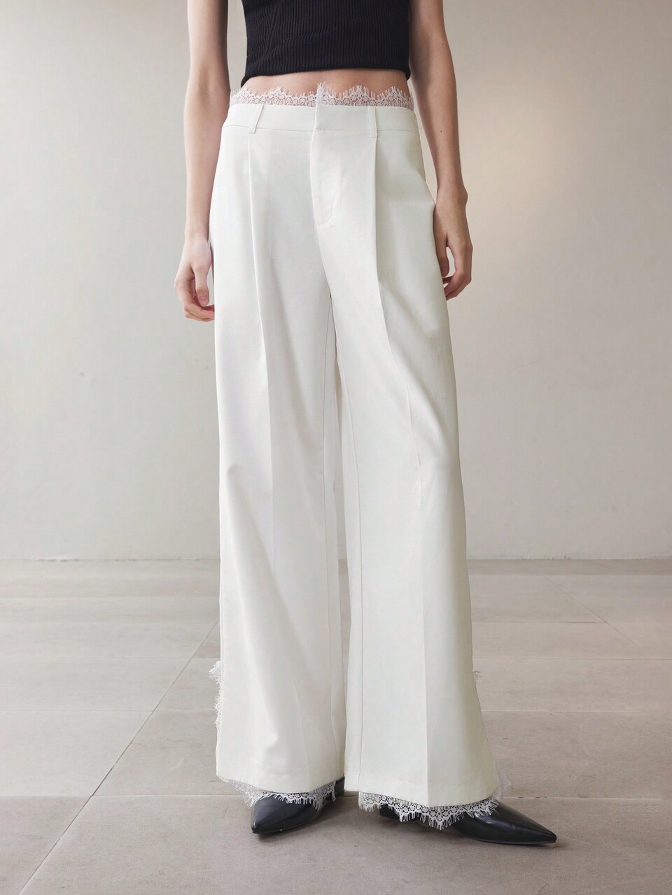 Women's Christmas Lace Trim High Waist Elegant Straight Leg Office Pants, White, All Season
