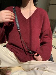 DAZY Women's Casual Loose V-Neck Drop Shoulder Sweater For Autumn/Winter Valentine Valentine's Day,Fall Women Clothes - Red - View 2