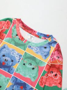 Conjunto de ropa de estar por casa con cuello redondo con estampado de oso lindo para niñas grandes
