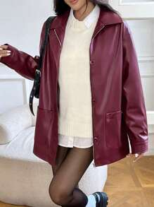 SHEIN EZwear Women Casual Drop Shoulder Loose Zip Up PU Leather Jacket, Autumn - Burgundy - View 1
