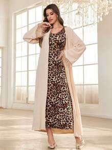 Modelyn Women Leopard Pattern Long Sleeve Knit Two Pieces Set, Slim Fit Design 2 Pieces Set - Mocha Brown - View 5