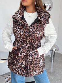 SHEIN EZwear Áo khoác trùm đầu không tay có đệm họa tiết da báo cỡ lớn, mùa thu/đông - màu nâu - Xem 6