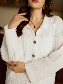 Elaquor Plus Size Sweater Set With Lapel Single-Breasted Solid Color Loose Top And Pants, For Winter - White - View 4