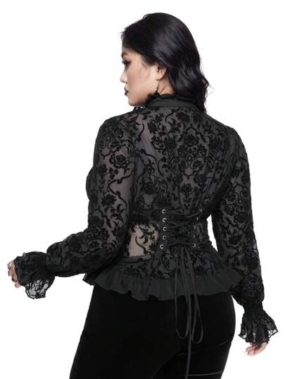 Goth Plus Size Open Front Shirt With Floral Lace Trim And Puff Sleeve, Elegant Royal Style