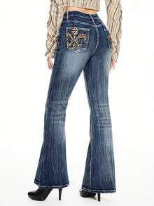 ROMWE Grunge Punk Jeans acampanados de tiro bajo de mujer con estiramiento, decorados con estampado retro de leopardo, bordado y cristales, estilo Y2K de Shibuya - Azul - Ver 5