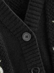 ROMWE Goth 复古休闲百搭刺绣植物蛇叶口袋灯笼袖女式开衫 - 黑色 - 查看 4