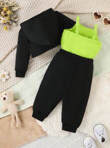 3pcs/Set Baby Girl Casual Sports Simple Design Sweatshirt Set, Spring And Autumn - Green - View 2