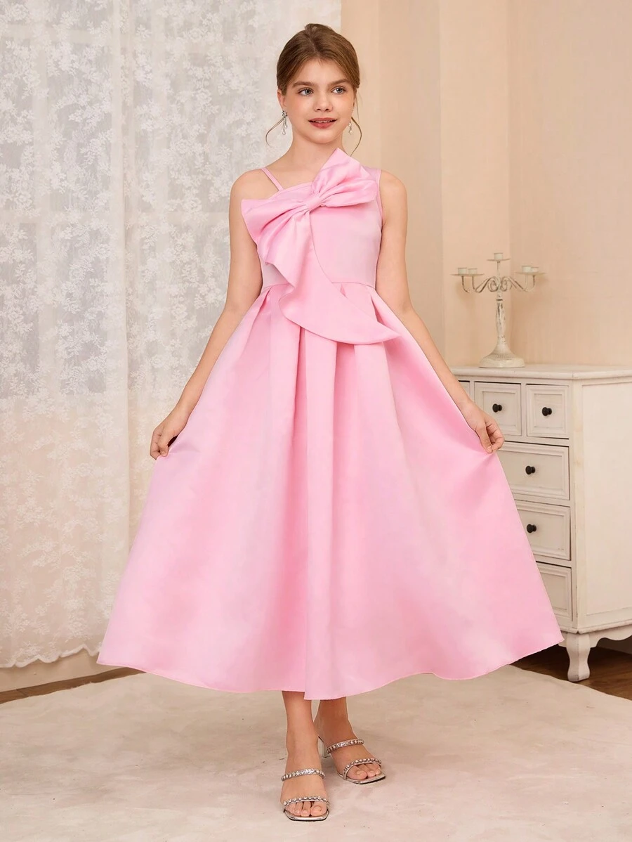 Tween Girls Elegant Fuchsia Asymmetric Shoulder Big Bow Decor Party Dress, Suitable For Formal Events Such As Gala, Christmas, Thanksgiving, Birthday, Wedding And More - Pink - View 1