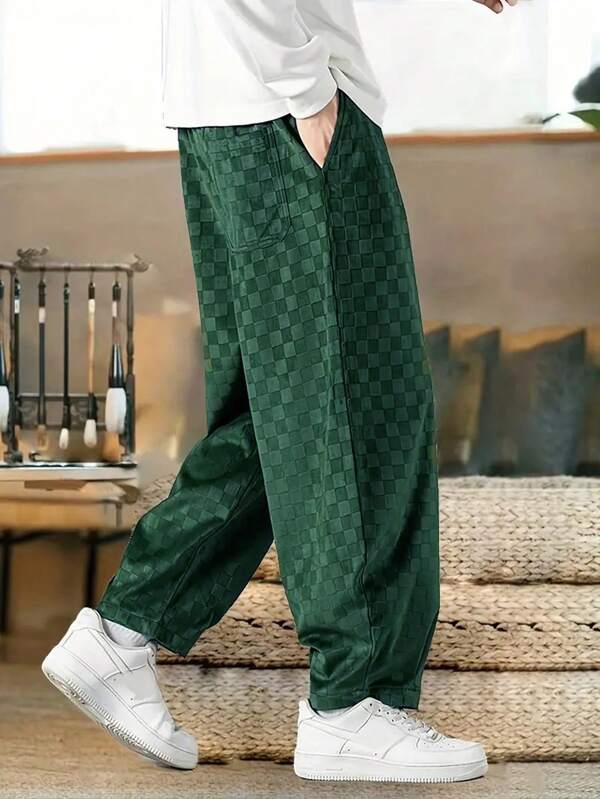 Manfinity Dauomo Pantaloni de trening pentru bărbați, în carouri, cu buzunare, pantaloni casual în talie cu șnur, perfecti pentru cadou pentru activități în aer liber