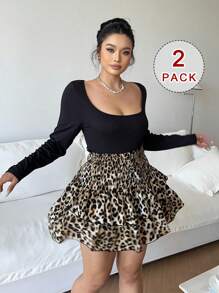 Flirla Conjunto de 2 piezas de blusa de cuello cuadrado con estampado de leopardo negro talla grande talla y falda mini con volantes en A - Multicolor - Ver 1