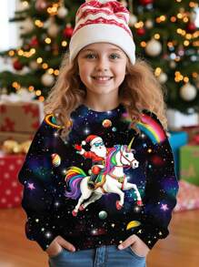 SHEIN Merry And Bright Christmas Sweatshirt With Santa Claus, Unicorn, Space Star Print, Casual Loose Fit Round Neck Comfortable Long Sleeve Hoodie For Tween Girls, Suitable For Autumn/Winter - Multicolor - View 1