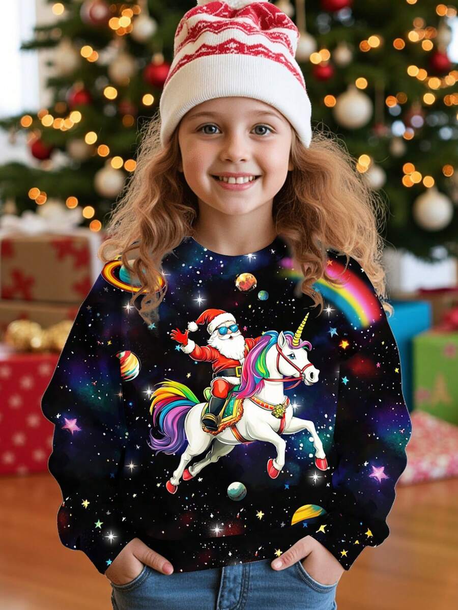 SHEIN Merry And Bright Christmas Sweatshirt With Santa Claus, Unicorn, Space Star Print, Casual Loose Fit Round Neck Comfortable Long Sleeve Hoodie For Tween Girls, Suitable For Autumn/Winter - Multicolor - View 1