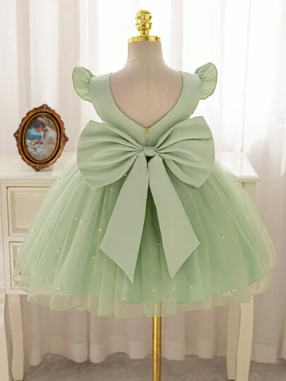 Glamorique Kids Vestido de fiesta de Navidad para niña, vestido de Papá Noel, vestido de Año Nuevo - Vestido de tul verde menta con mangas de vuelo blancas, lazo en la espalda, tela de satén, para Navidad, Halloween, boda, recital de piano, actuación en el escenario