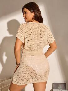 Swim Lushoire Plus Size Knit Solid V-Neck Perforated Textured Drawstring Waist Short Sleeve Cover Up Summer - Apricot - View 2