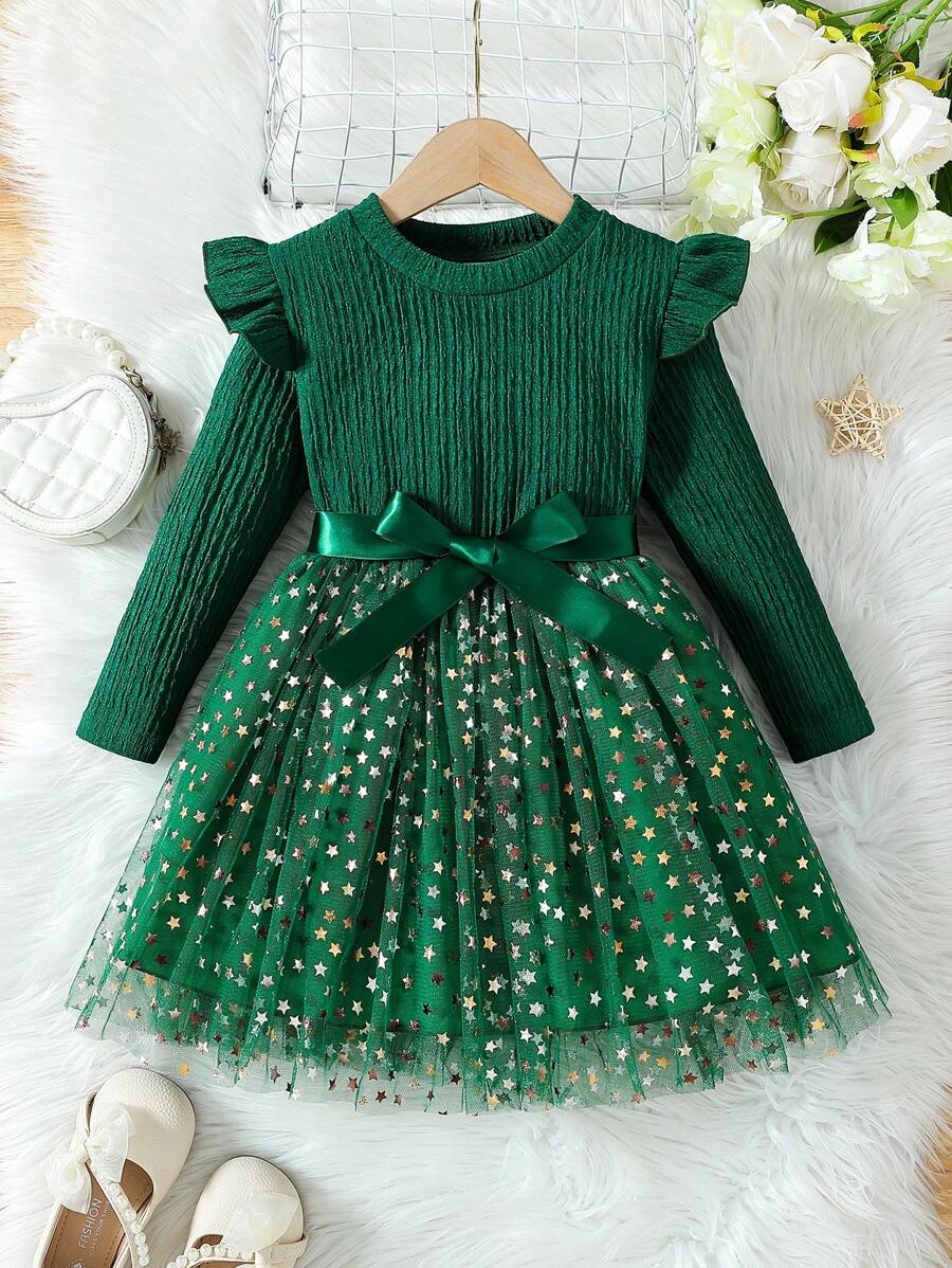 SHEIN Young Girl Knit Long Sleeve Patchwork Star Mesh Puffy Princess Dress - Green - View 1
